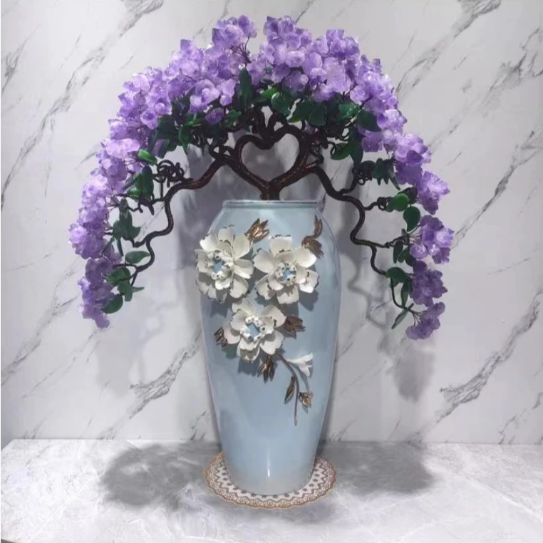 【卓越轻奢名米】左右逢源紫水晶树摆件欧式陶瓷盆迎客松