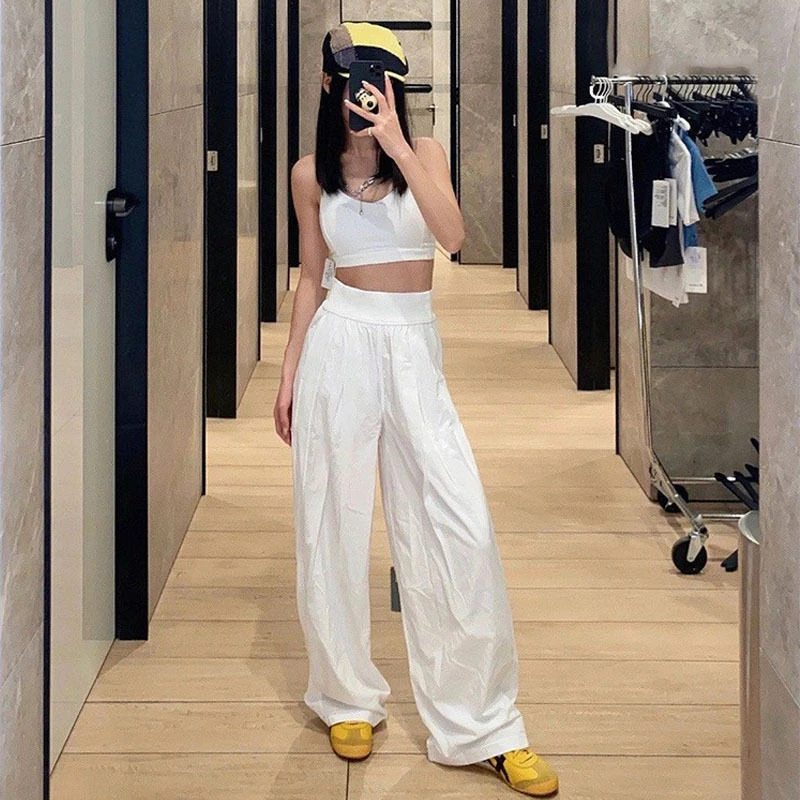 垂感宽松显瘦运动白色休闲裤薄款夏季时尚高腰百搭直筒运动长裤