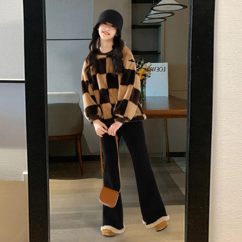 女童喇叭裤秋冬加绒中大童时髦洋气微喇阔腿裤儿童一体绒黑色裤子