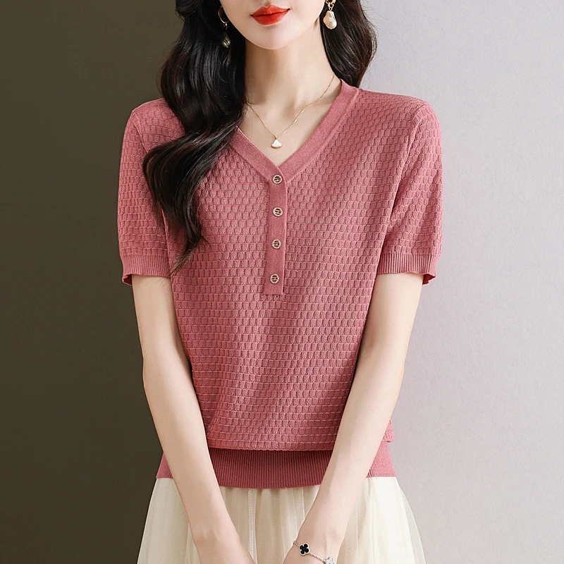夏季薄款V领毛针织衫针织短袖t桖洋气百搭设计感减龄