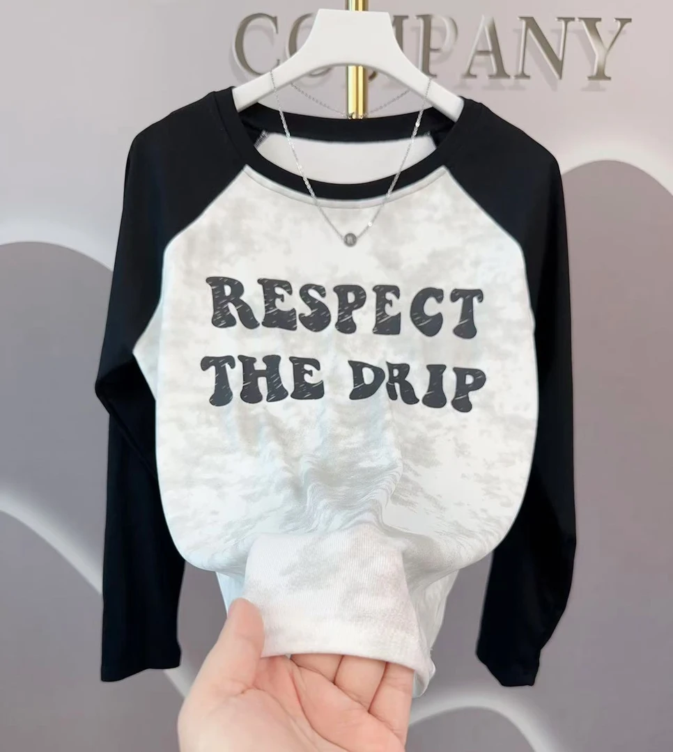 2024秋款轻奢插肩长袖大码拼接显瘦遮肉上衣休闲百搭时尚秋季