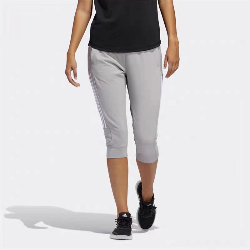 T158-adidas 纯色条纹七分运动裤 女款 灰色