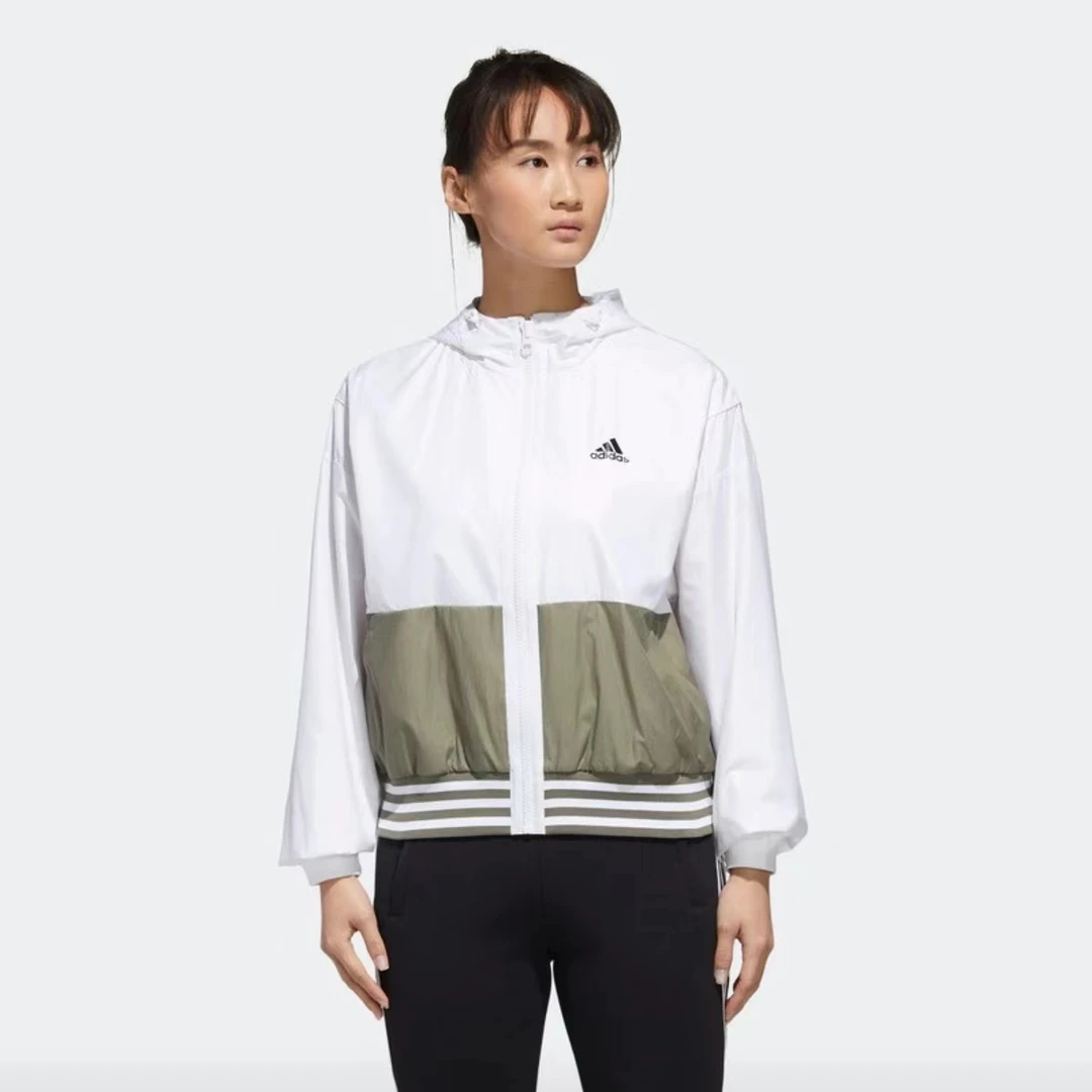 T53-adidas MH FEM WB 连帽拼接梭织防风夹克外套 女款 白色