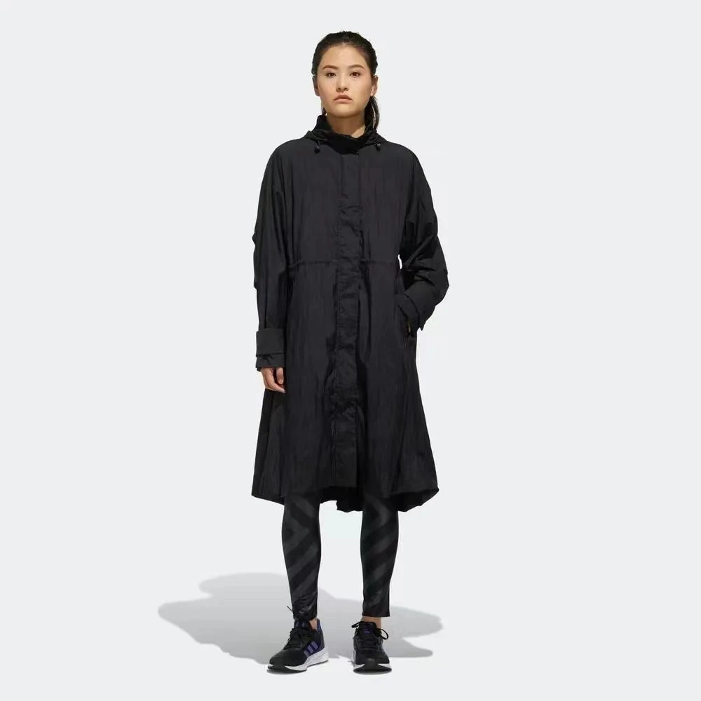 T175-adidasWStlLongJkt梭织纯色运动休闲长款夹克外套 女款 黑色