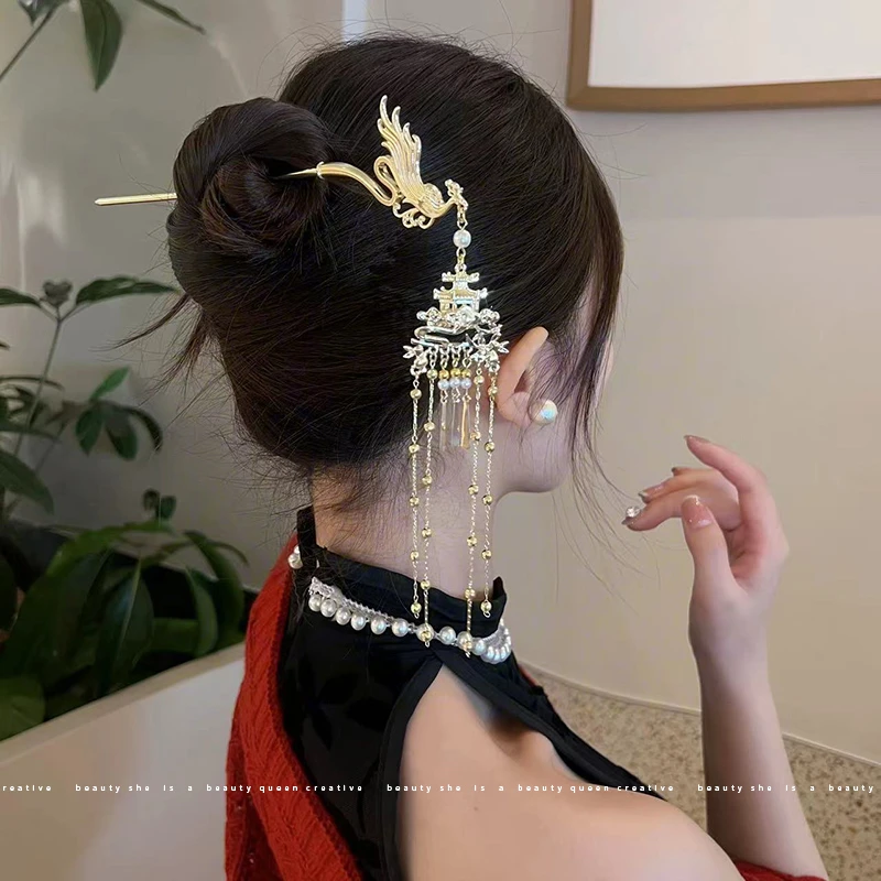 中国风宫廷凤凰流苏发簪女汉服旗袍后脑勺发钗超仙马面裙簪子头饰
