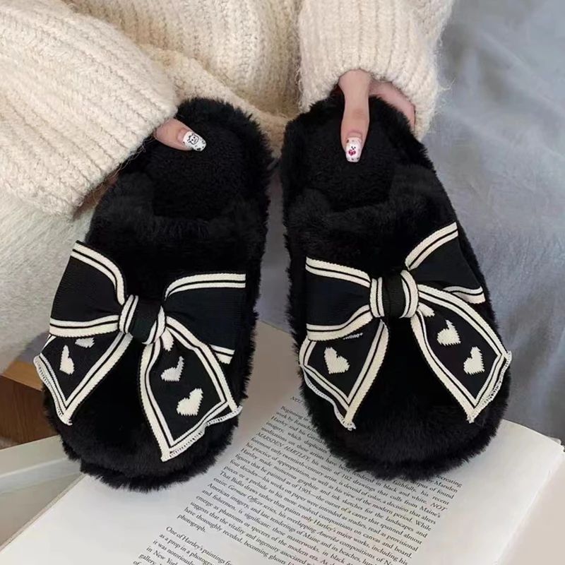 2023韩版网红棉拖鞋防滑蝴蝶结毛拖女冬季保暖外穿ins居家毛毛鞋