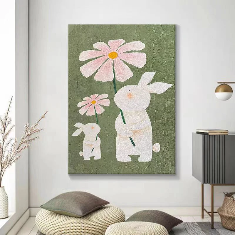 【兔】纯手绘挂画客厅玄关装饰画小清新卡通挂画儿童房兔子肌理画