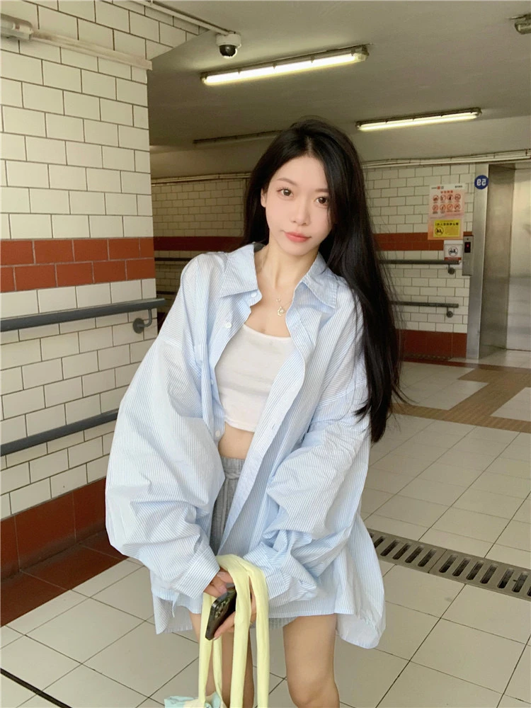 【三色】设计感条纹Polo领衬衫外套防晒衬衣宽松休闲开衫中长款上衣