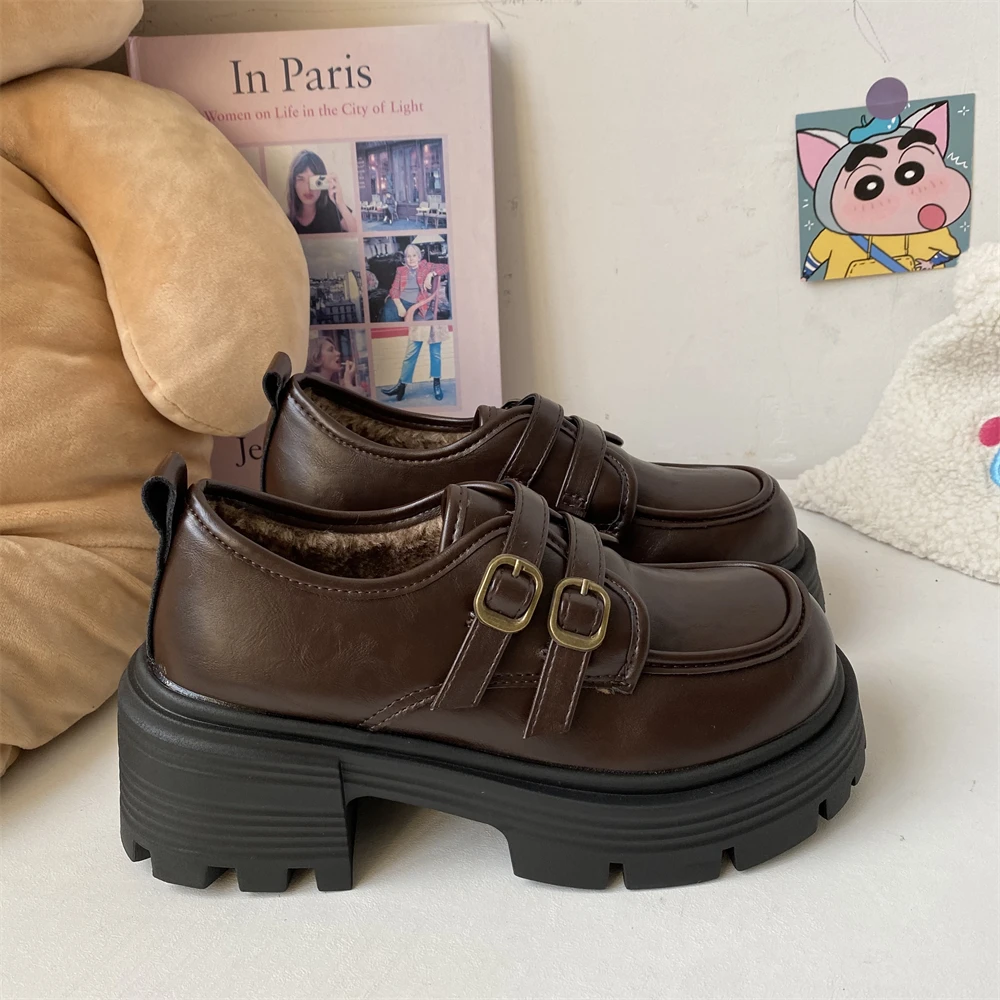 高级感加绒厚底英伦风小皮鞋女2024冬新款粗跟玛丽珍单鞋乐福棉鞋