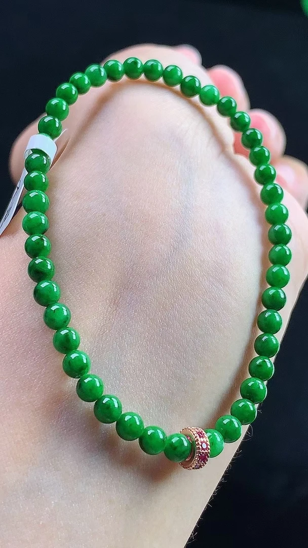天然缅甸A货翡翠玉石珠宝冰胶辣阳绿色正色浓圆珠手串j卡4mm配证