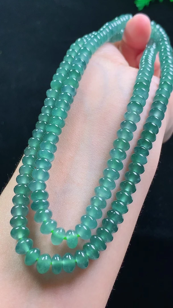 天然保真翡翠A货玉石冰胶冰蓝水算盘珠链项链j尺寸6.7mm配证书