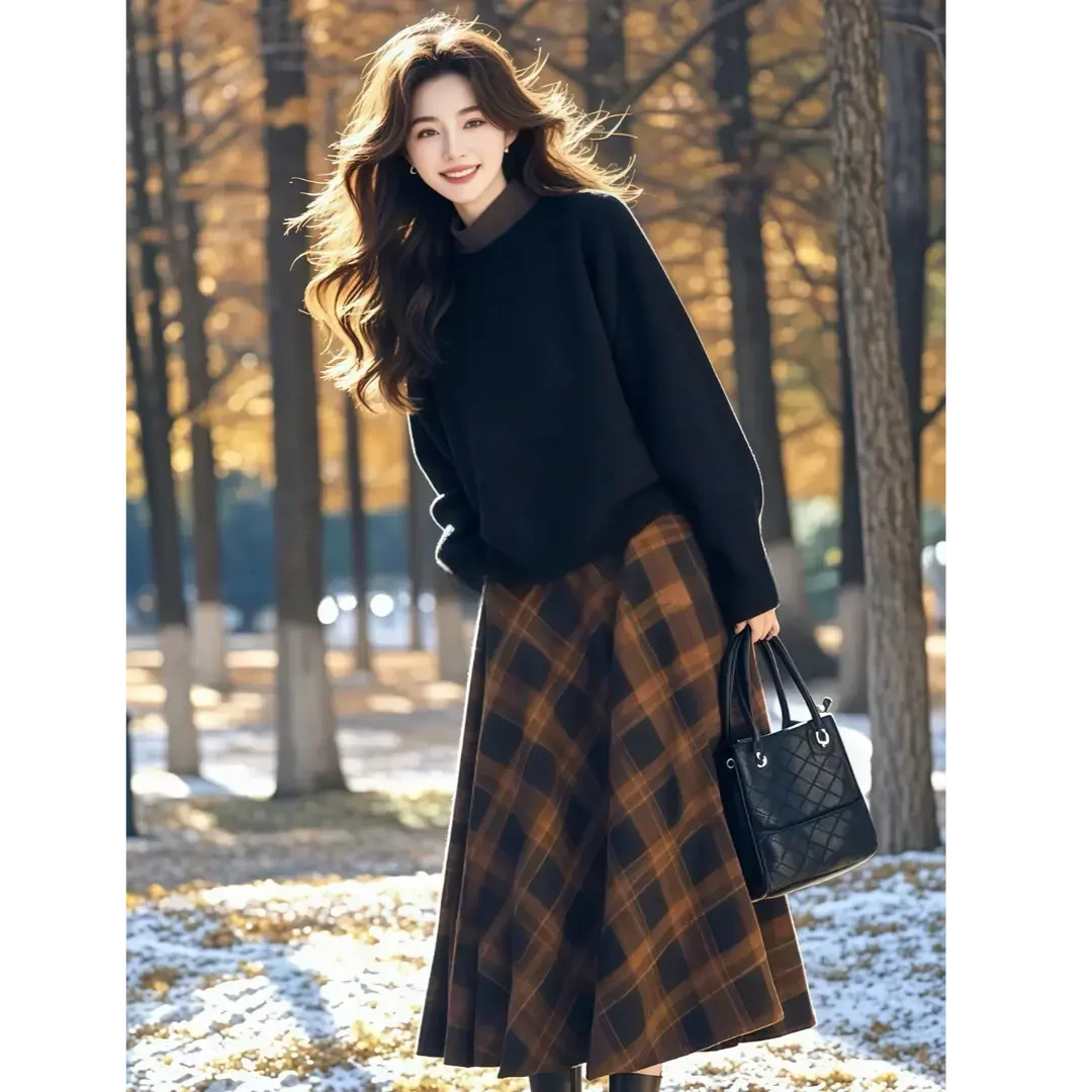 减龄搭配一整套小香风棕色格纹套装裙女款2024年新款冬季入冬穿搭
