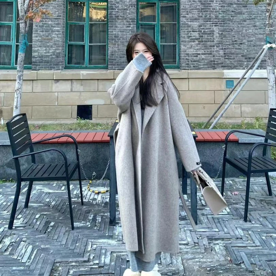 燕麦色双面呢子大衣女秋冬季长款2024新款高级感韩系毛呢西装外套