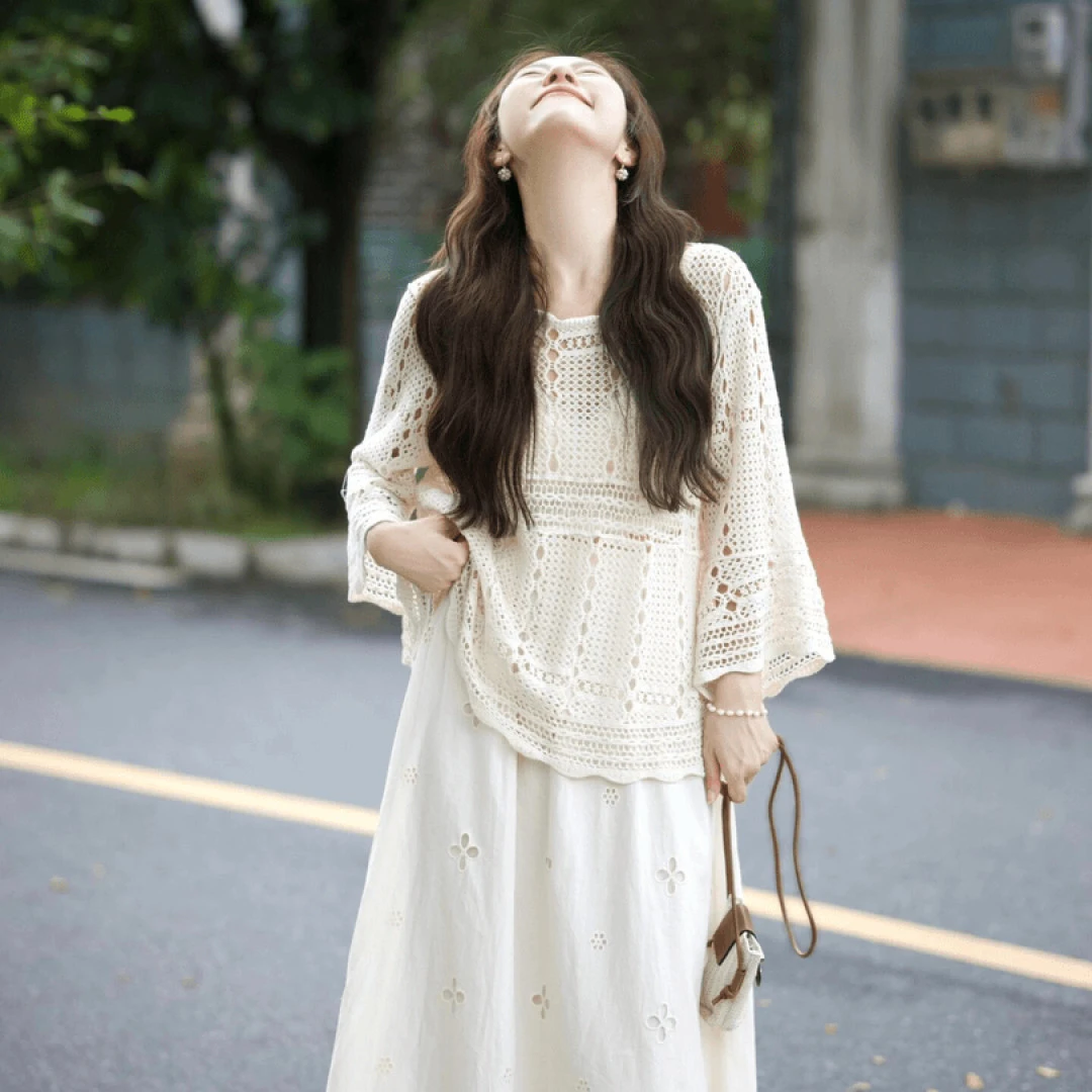 早秋搭配一整套法式慵懒钩花针织罩衫白色提花a字半身裙两件套女