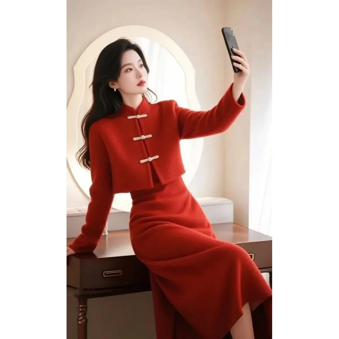 新中式国风圣诞红色套装裙高级感名媛气质小香风加厚外套两件套冬