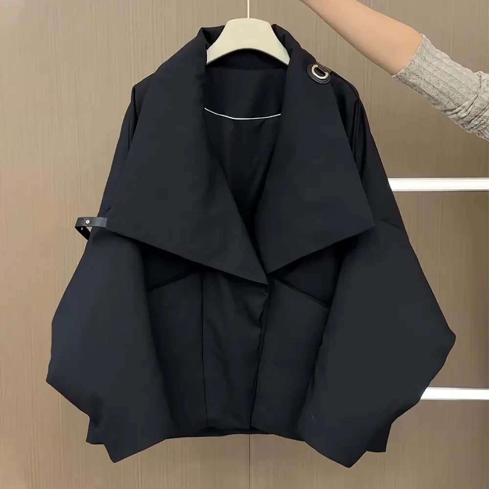 高级黑色大翻领加绒棉服女2024冬季新款设计感好看保暖棉衣外套潮