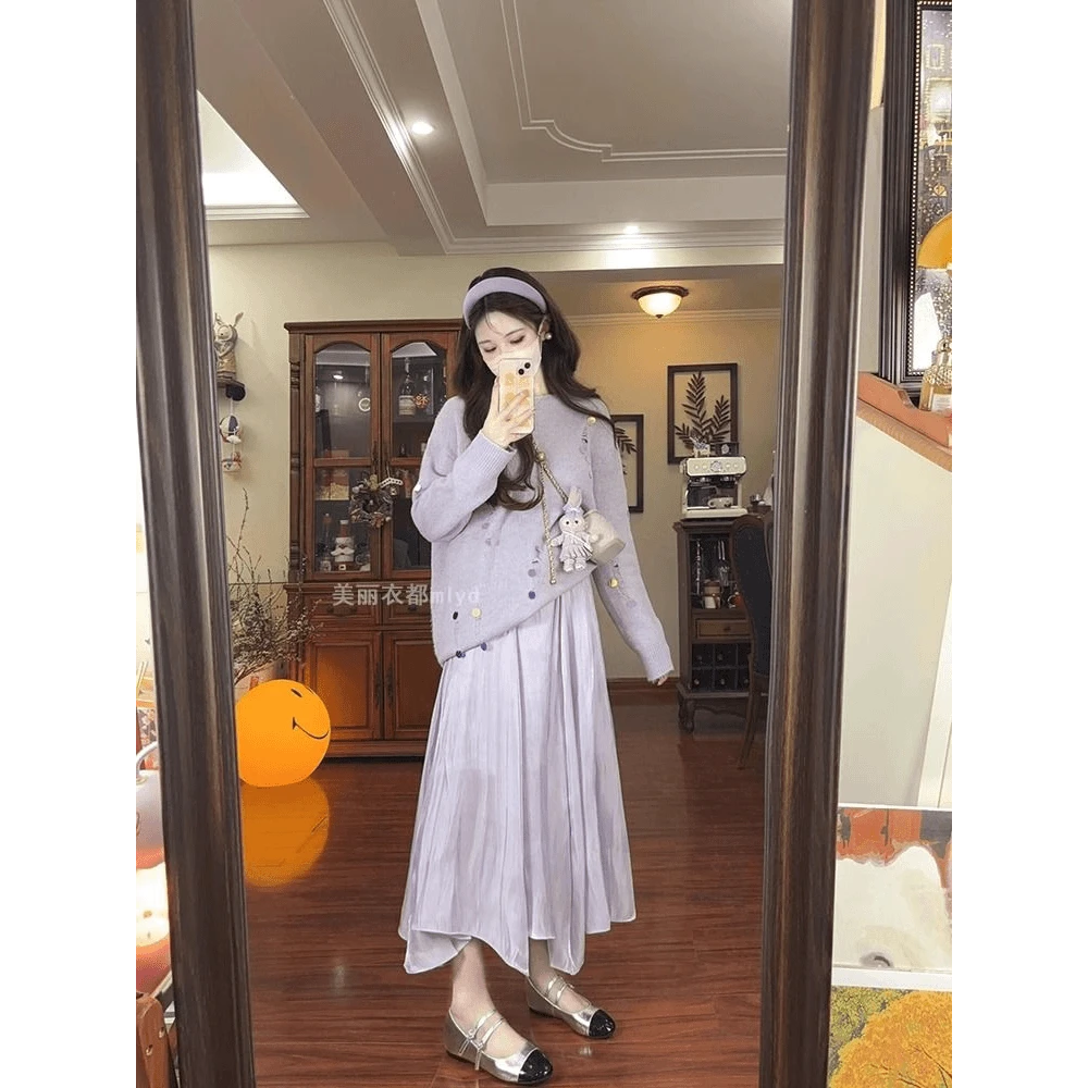 2024气质长袖设计感微胖MM温柔风紫色亮片毛衣显瘦半身裙两件套