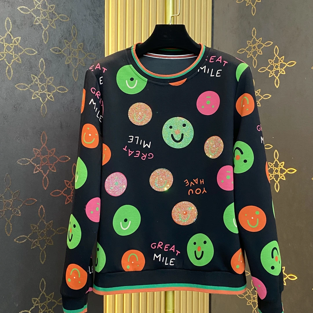 【宠粉福利】40-60岁精致女性 时尚减龄休闲彩色笑脸圆领卫衣#9398