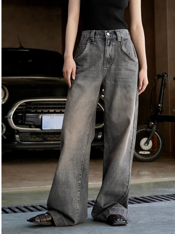 春秋复古个性街头高腰阔腿裤女款直筒牛仔裤韩版宽松显瘦高街百搭