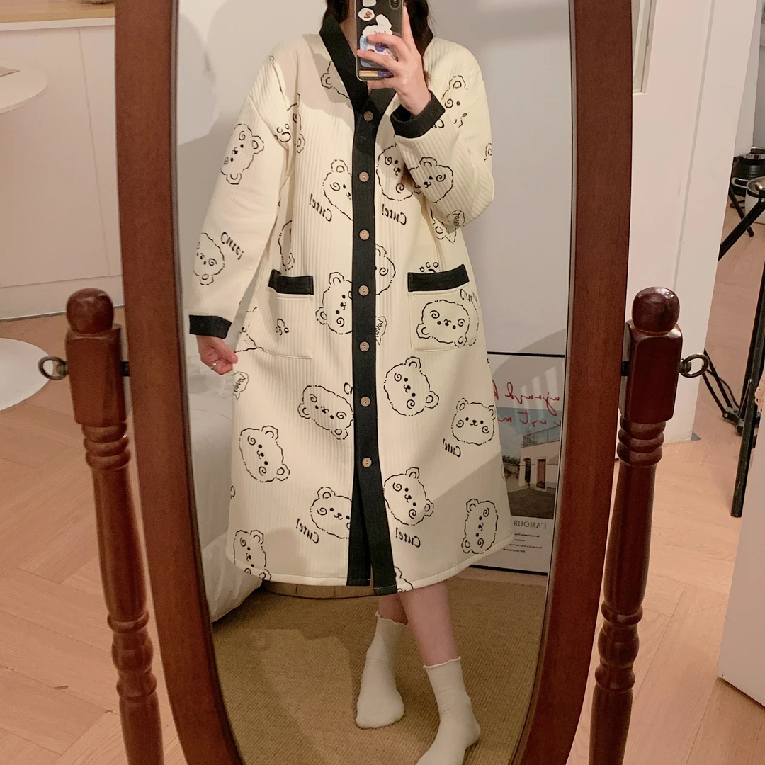 带胸垫空气棉连衣裙秋冬加厚孕妇睡衣保暖月子服产后哺乳衣睡裙