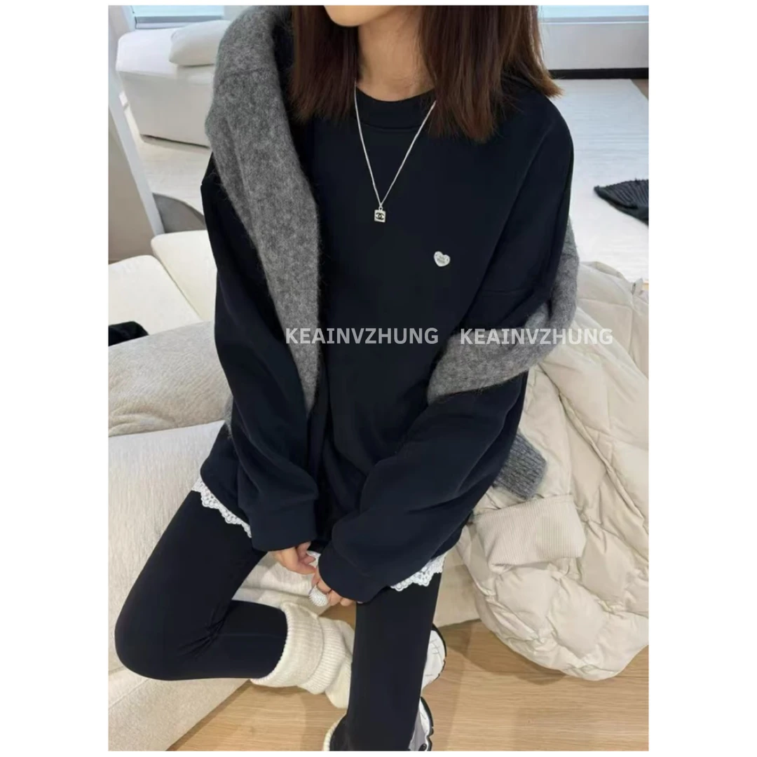 【蕾丝卫衣】只出不进-韩系圆领慵懒休闲蕾丝下摆拼接加绒卫衣