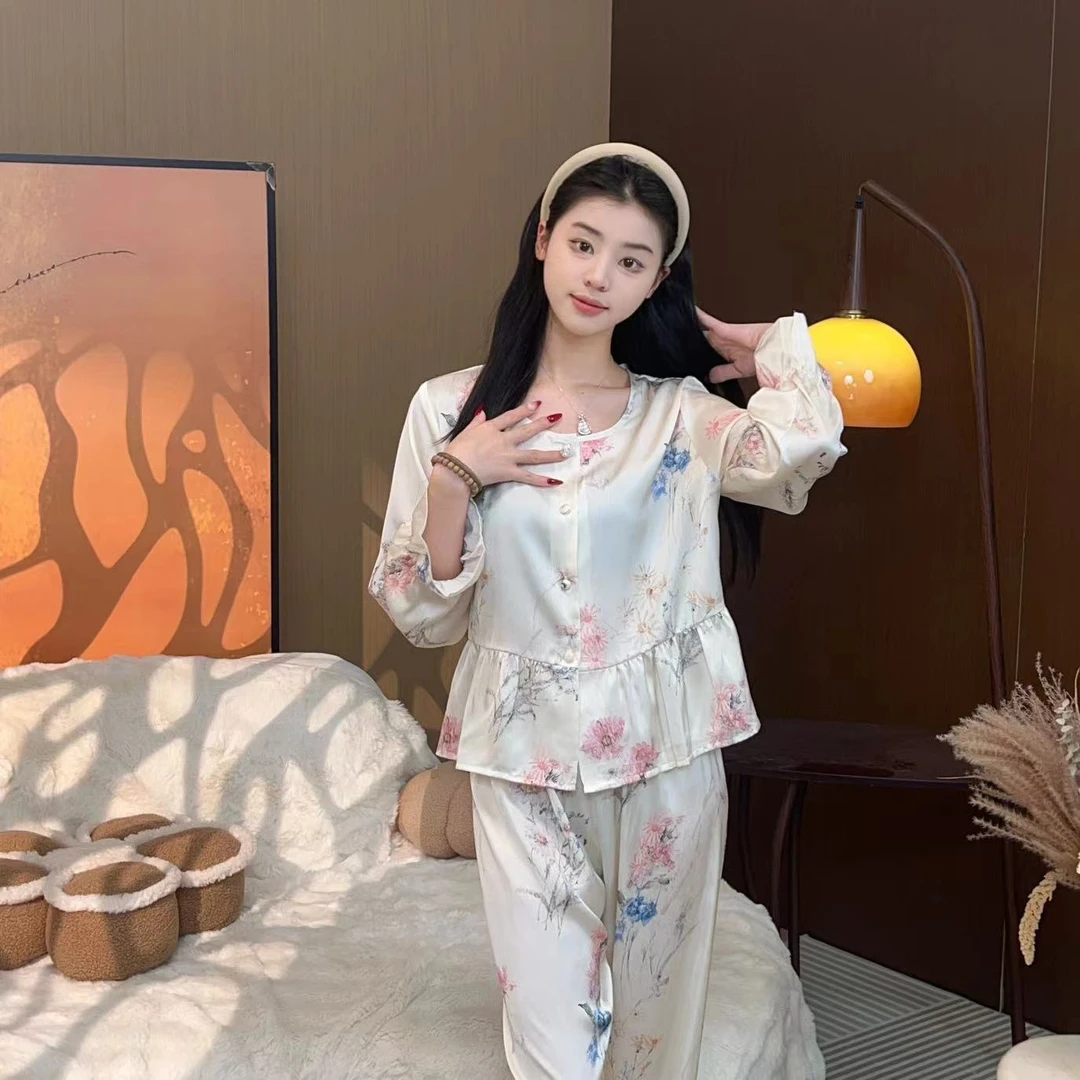 【鎏光若梦】秋季丝质长袖新款女士淡雅休闲宽松小众睡衣套装家居服