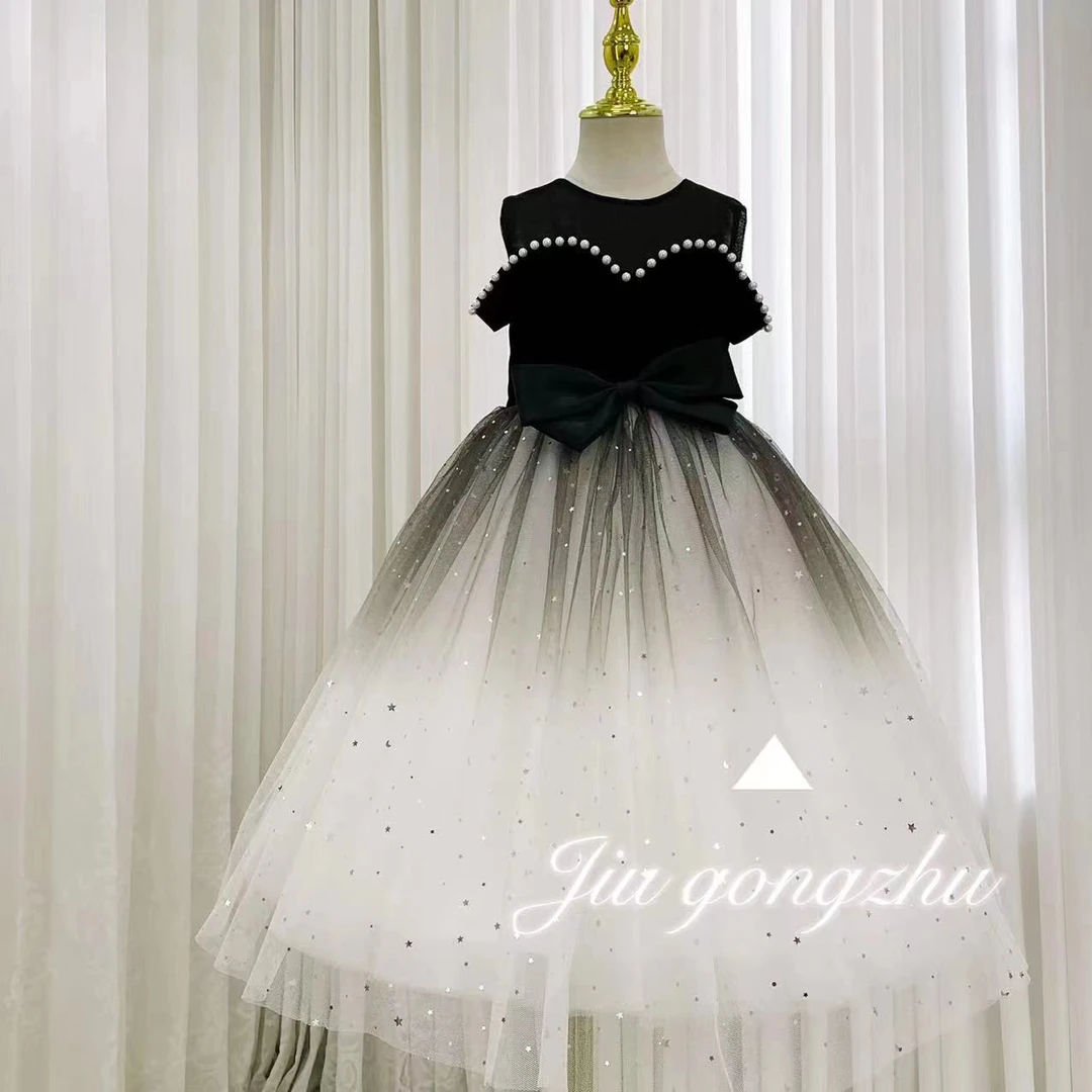 【星空赫本】黑色女童渐变连衣裙珍珠礼服裙宴会生日走秀拖尾花童