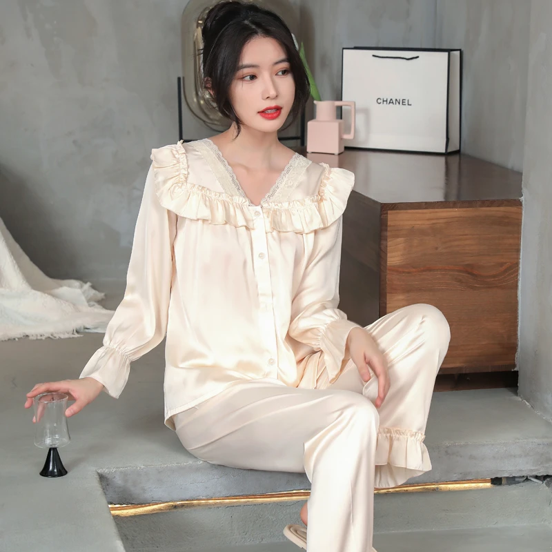 新款蕾丝冰丝睡衣女春夏长袖女士冰丝绸宽松大码高级感家居服套装