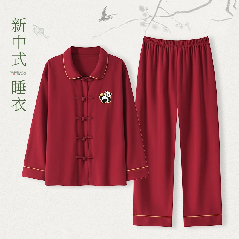 新中式中国风睡衣情侣春季纯棉新婚结婚红色新娘新郎复古盘扣套装