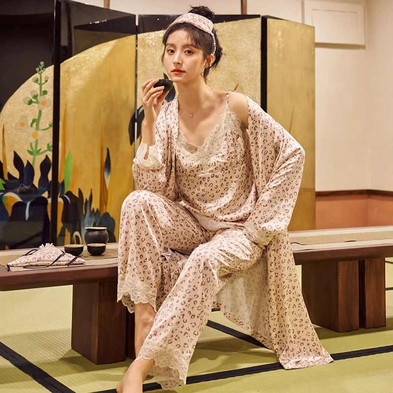 性感蕾丝冰丝睡衣女七件套春秋季露背吊带长裤短裤女士浴袍可外穿