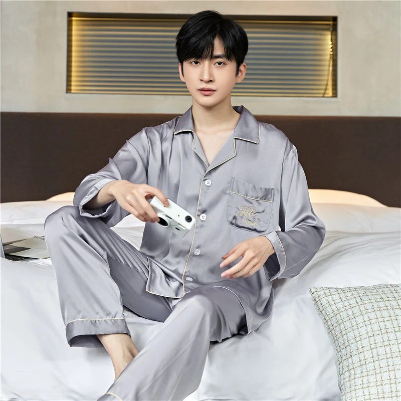 睡衣男冰丝痞帅春夏季薄款男士宽松大码时尚帅气家居服套装可外穿