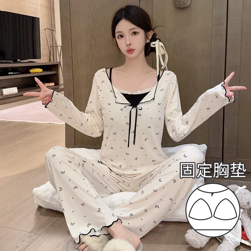 高级带胸垫睡衣女套装秋冬莫代尔长袖薄款免穿内衣防凸点甜美睡衣