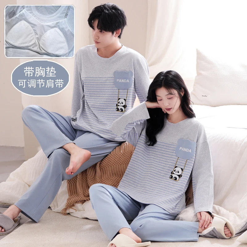 情侣睡衣女纯棉带胸垫春夏长袖卡通男士秋冬全棉家居服套装可外穿