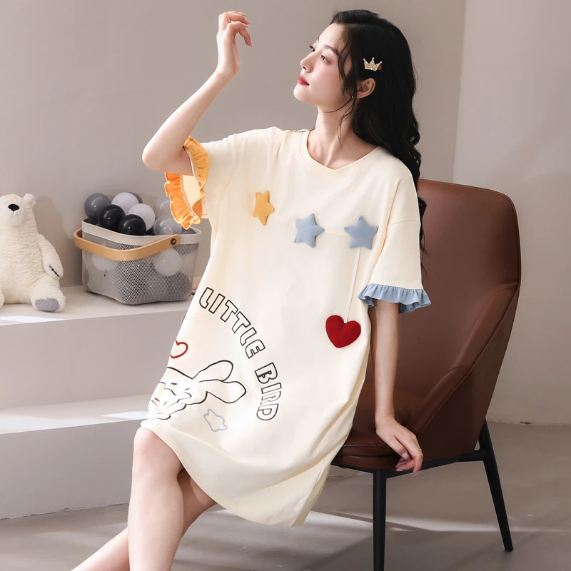 夏季睡裙女100%纯棉薄款简约可爱短袖睡裙女中长款休闲夏天可外穿