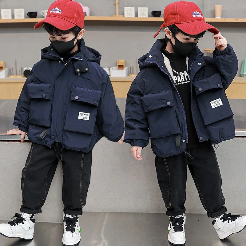 男童加绒加厚冬装外套2023新款痞帅小童韩版范派克服棉服儿童棉衣
