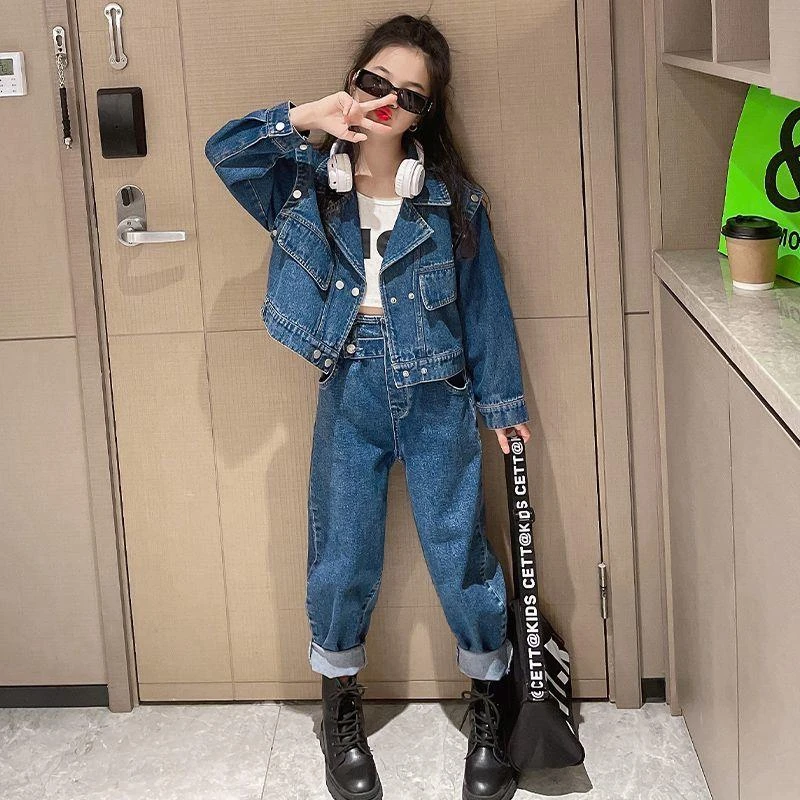 女童牛仔套装秋装2023年新款中大童春秋季洋气两件套女孩时髦衣服
