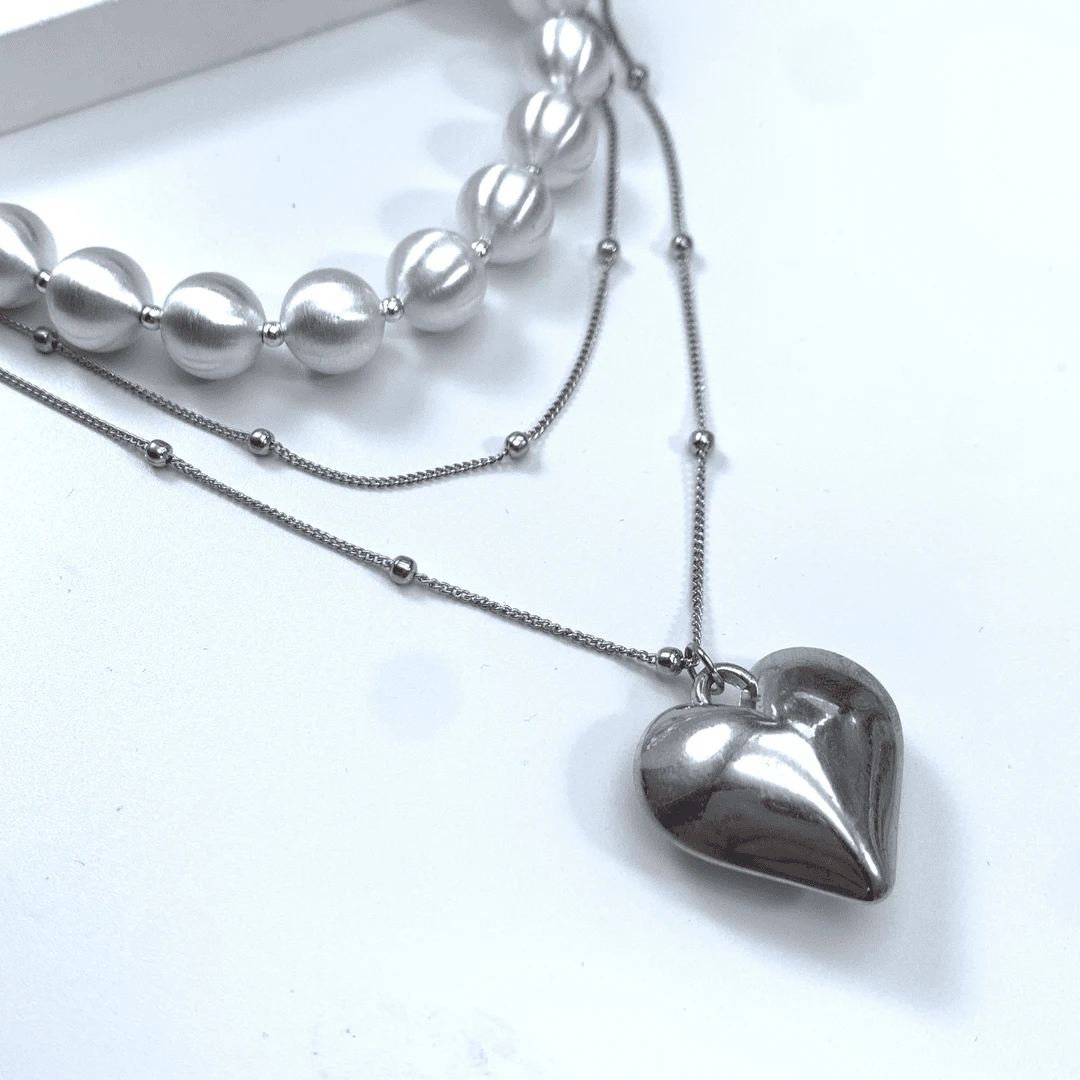 铜合金项链 03305大绮原创双层套链拉丝哑光银色球球爱心锁骨链