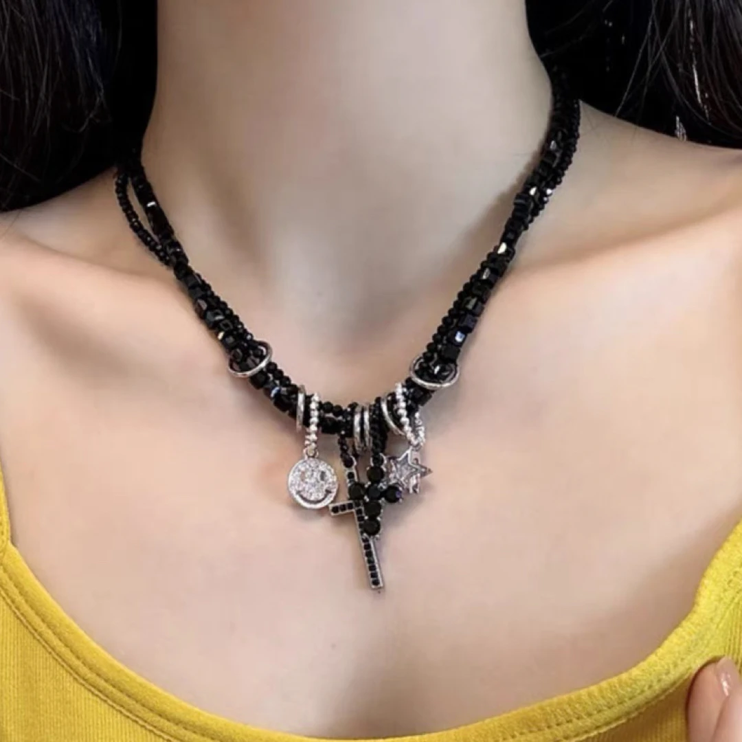 铜合金仿水晶项链 03343大绮原创双层叠戴黑色仿水晶五角星项链