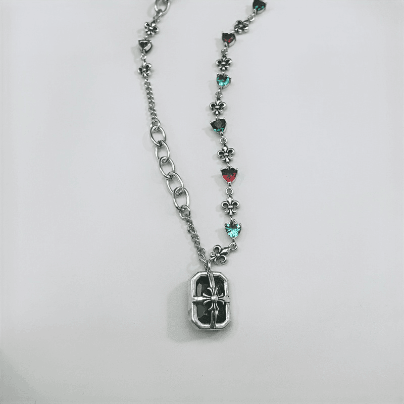 铜合金合成锆石项链 01521小众设计做旧复古鸢尾花彩锆克克锁骨链