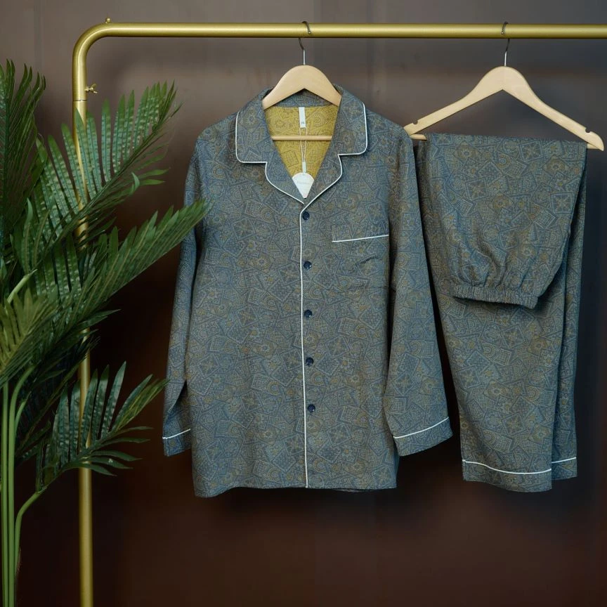 男士100%棉提花双层纱中年大码男睡衣加肥加大宽松全棉