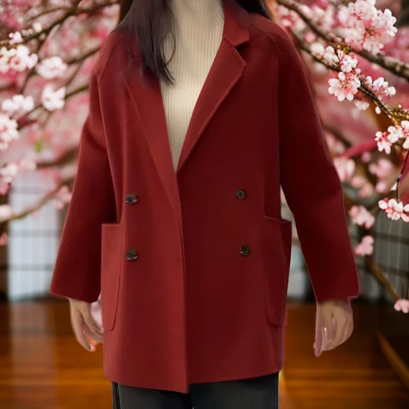 西装款双面呢羊毛大衣女2024年春季新品大码廓形小个子毛呢外套