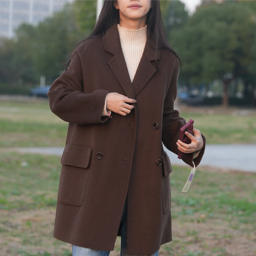 2023秋冬新款双面大衣女中长款高端韩版灰色毛呢外套小个子气质