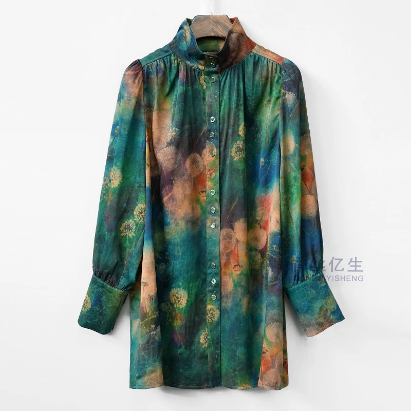 蒲公英！香云纱红云纱气质立领减龄秋季复古女士长袖衬衫X3065