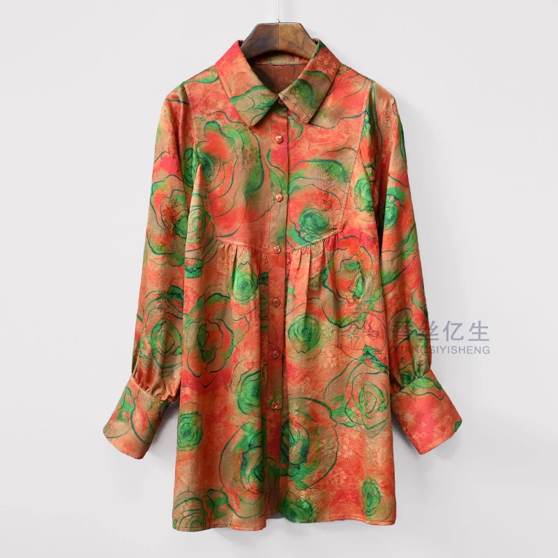 花仙子！香云纱花萝红色时尚衬衫百搭女士上衣长袖显瘦衬衫X2877