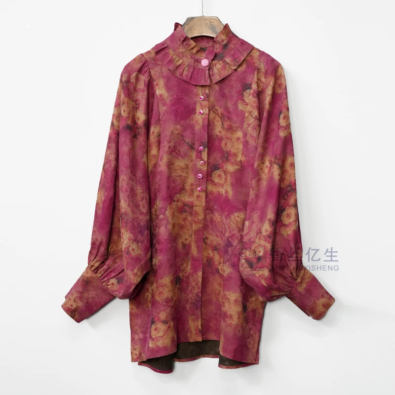 桃花诺！香云纱气质女人味时尚百搭红色长袖立领衬衫X2786