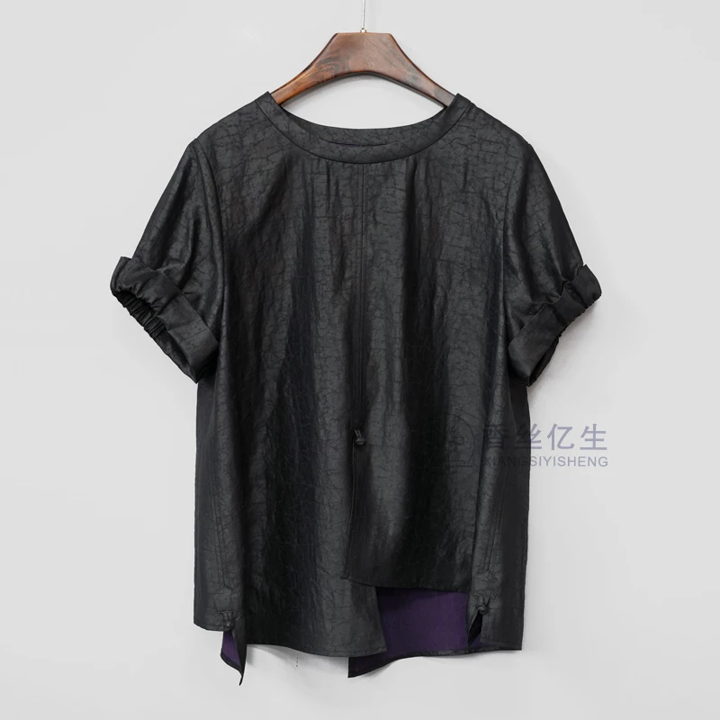 夏日微醺！香云纱紫色龟裂纹气质百搭圆领中式短袖女士衬衫X2994