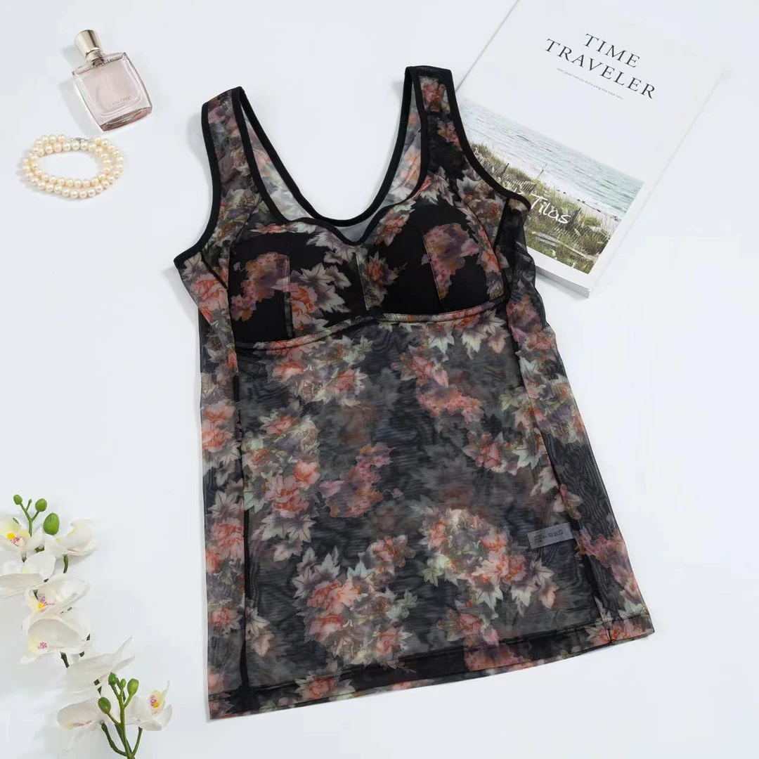 秋冬新款外穿性感蕾丝网纱印花内衣美背大码背心