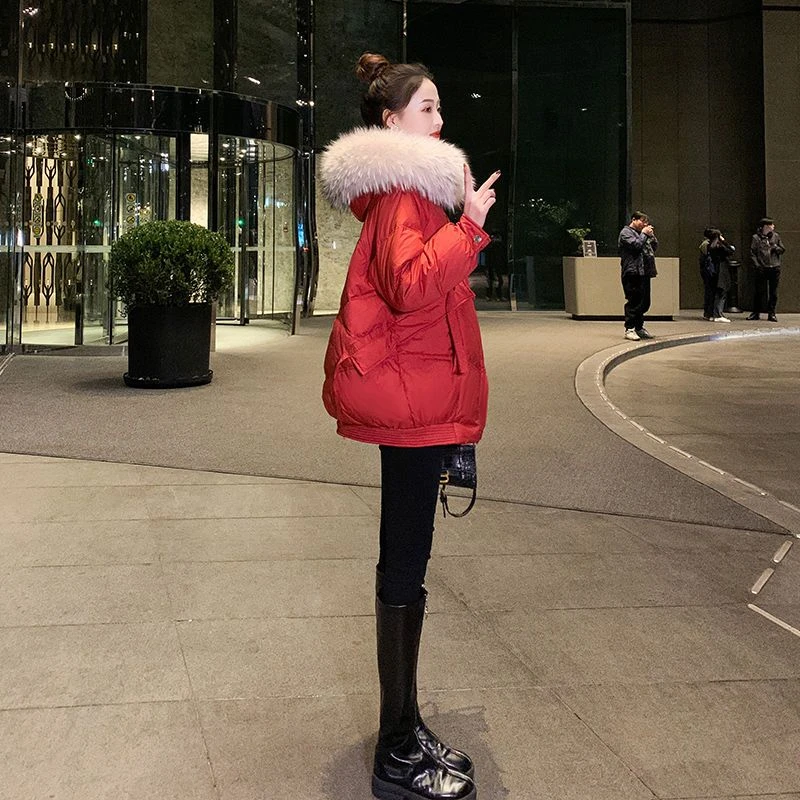 红色羽绒服女冬中长款时尚棉衣洋气爆款小个子棉袄加厚韩版外套潮
