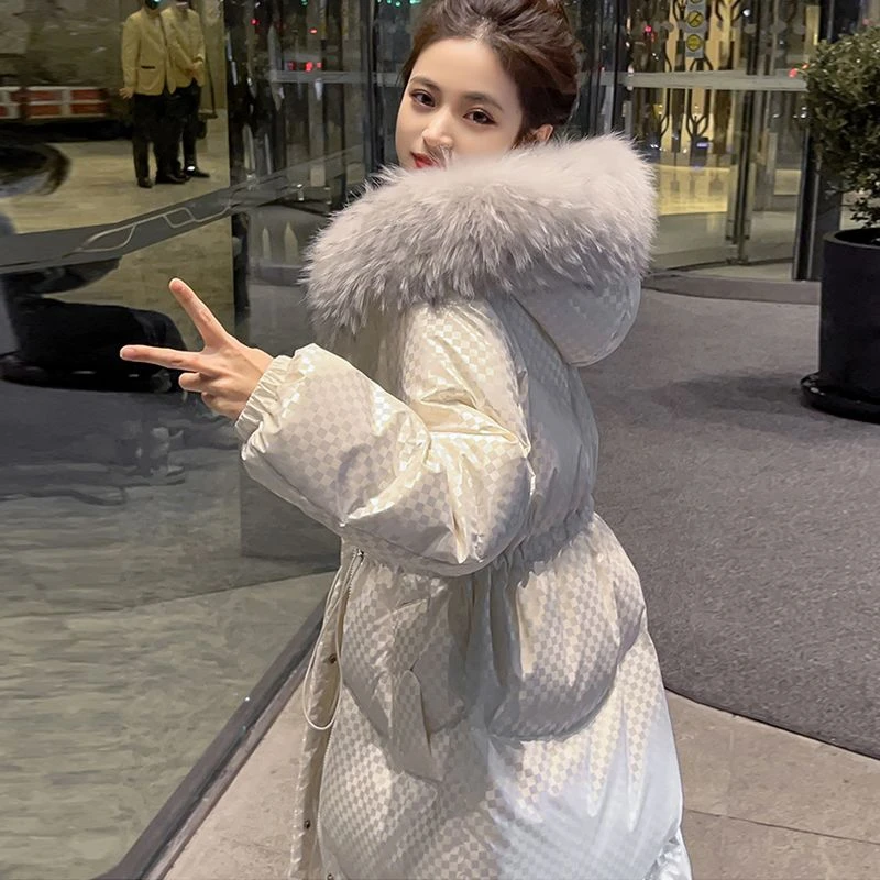 大毛领白色服女中长款加厚2023新款冬时尚宽松连帽白鸭外套羽