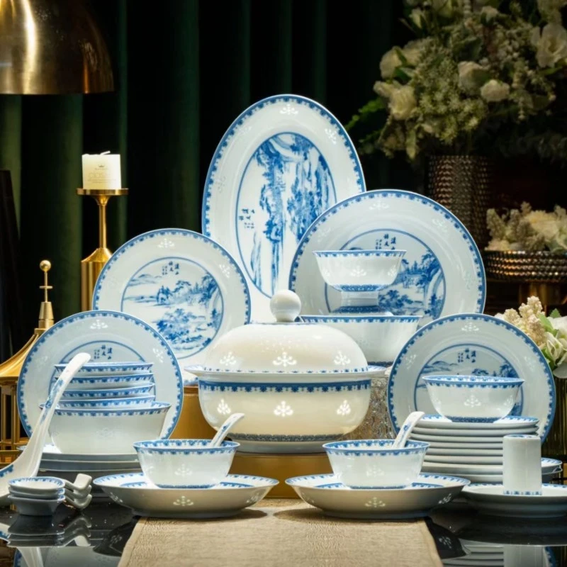 景德镇高岭土餐具56头套装高温釉下彩玲珑瓷新中式乔迁高档吃饭碗